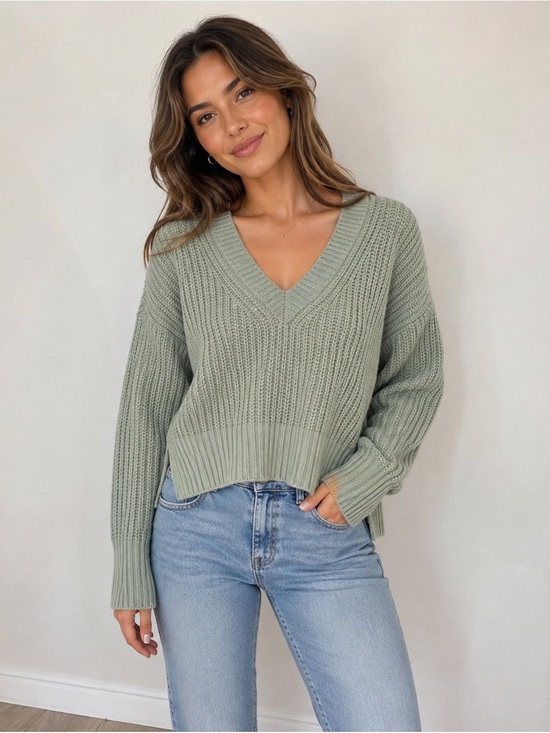 Abercrombie & Fitch Sweaters - NWT Abercrombie & Fitch Dusty Green Oversized V-Neck Knit Sweater, Size Large